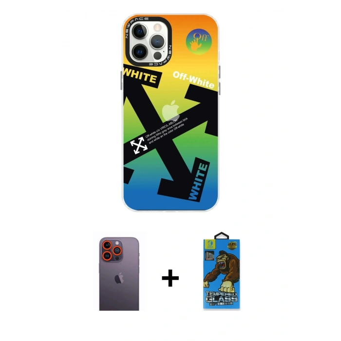 MARSİLYAN™- iPhone 12 Pro Max Kılıf Siluet Çizgi Koleksiyonu - Siyah 18D Cam Ekran Koruyucu + Neon Fosforlu Kamera Lens - TU