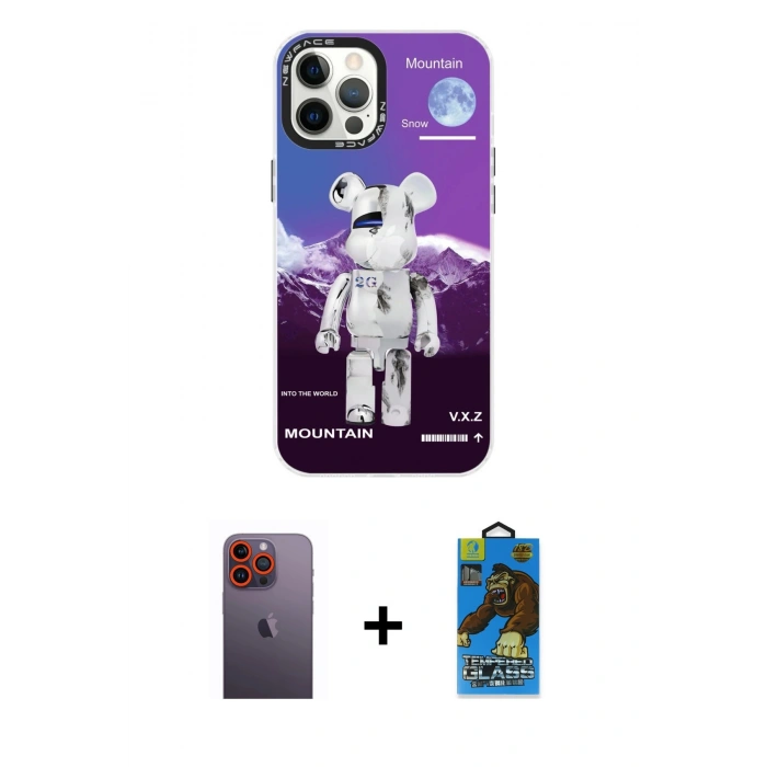 MARSİLYAN™- iPhone 12 Pro Max Kılıf Siluet Çizgi Koleksiyonu - Siyah 18D Cam Ekran Koruyucu + Neon Fosforlu Kamera Lens - TU