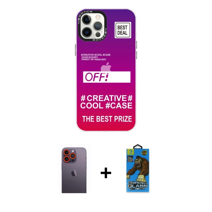 MARSİLYAN™- iPhone 12 Pro Max Kılıf Siluet Çizgi Koleksiyonu - Siyah 18D Cam Ekran Koruyucu + Neon Fosforlu Kamera Lens - TU