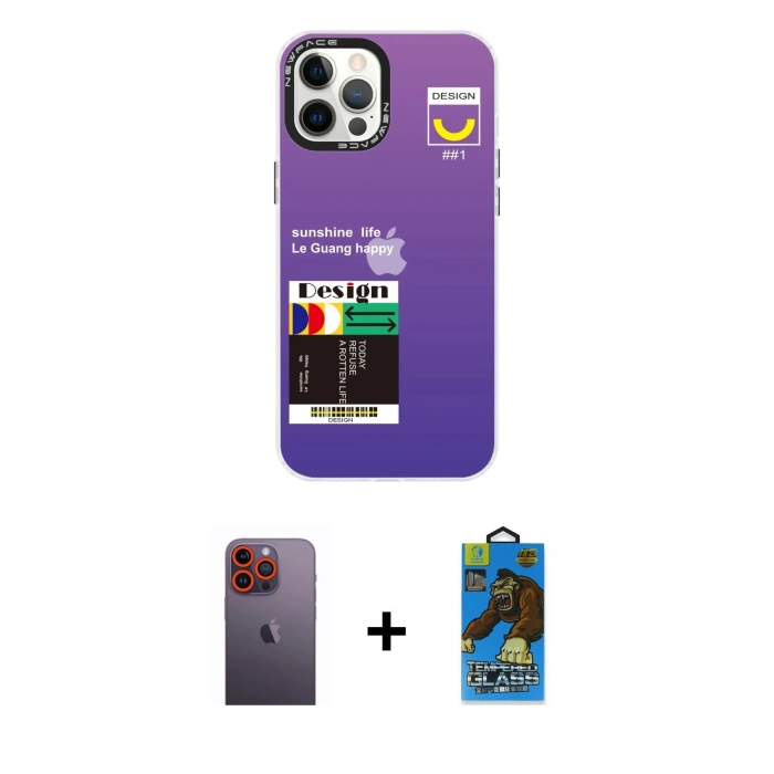 MARSİLYAN™- iPhone 12 Pro Max Kılıf Siluet Çizgi Koleksiyonu - Siyah 18D Cam Ekran Koruyucu + Neon Fosforlu Kamera Lens - TU