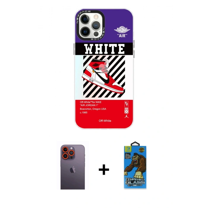 MARSİLYAN™- iPhone 12 Pro Max Kılıf Siluet Çizgi Koleksiyonu - Siyah 18D Cam Ekran Koruyucu + Neon Fosforlu Kamera Lens - TU