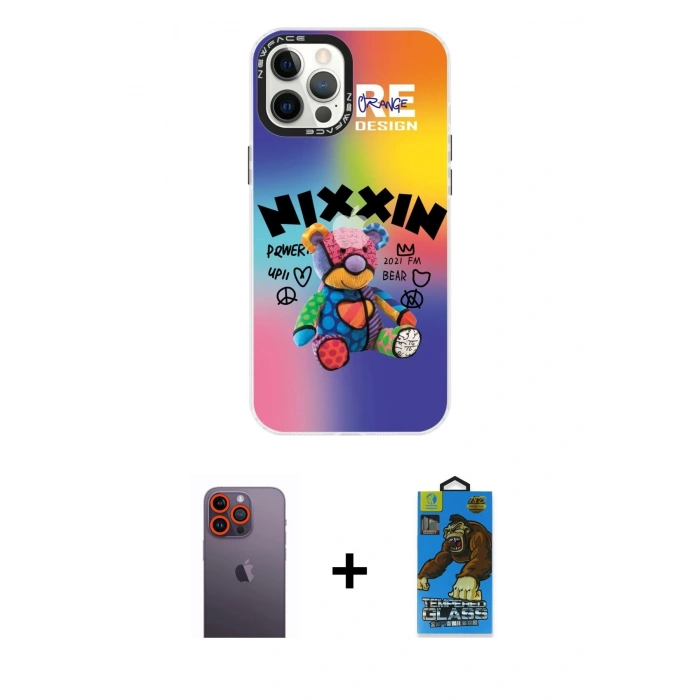 MARSİLYAN™- iPhone 12 Pro Max Kılıf Siluet Çizgi Koleksiyonu - Siyah 18D Cam Ekran Koruyucu + Neon Fosforlu Kamera Lens - TU