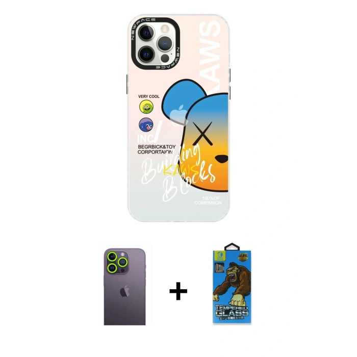 MARSİLYAN™- iPhone 12 Pro Max Kılıf Siluet Çizgi Koleksiyonu - Siyah 18D Cam Ekran Koruyucu + Neon Fosforlu Kamera Lens - YL