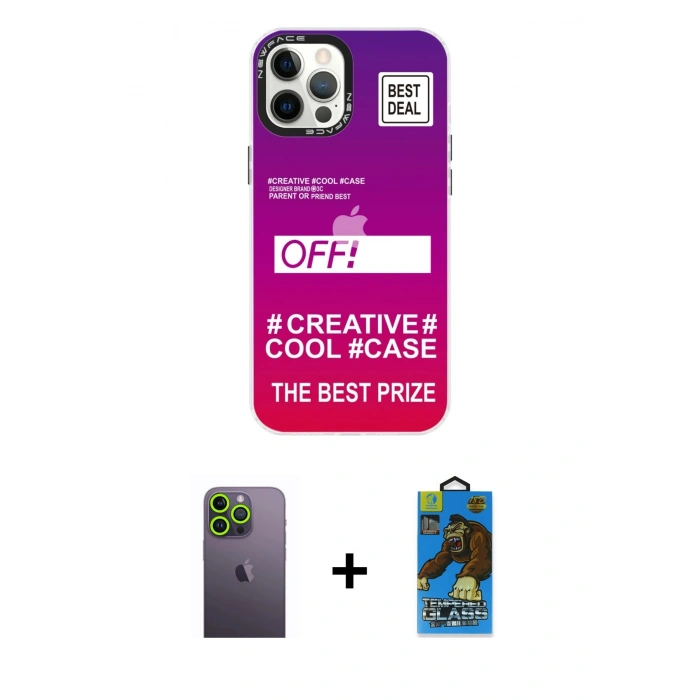 MARSİLYAN™- iPhone 12 Pro Max Kılıf Siluet Çizgi Koleksiyonu - Siyah 18D Cam Ekran Koruyucu + Neon Fosforlu Kamera Lens - YL