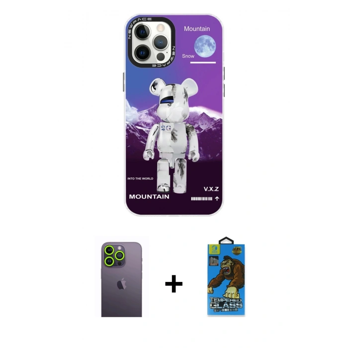 MARSİLYAN™- iPhone 12 Pro Max Kılıf Siluet Çizgi Koleksiyonu - Siyah 18D Cam Ekran Koruyucu + Neon Fosforlu Kamera Lens - YL