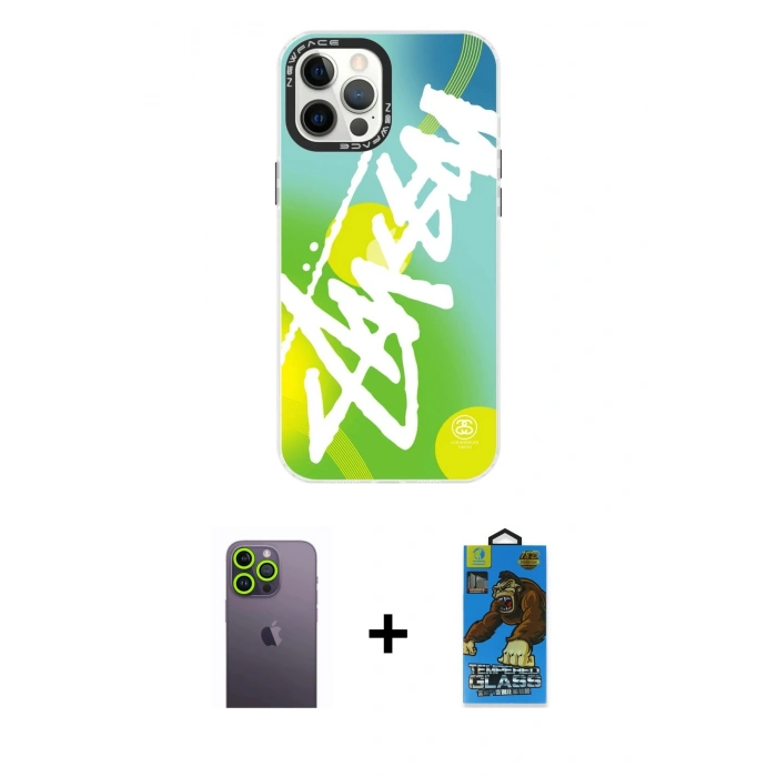 MARSİLYAN™- iPhone 12 Pro Max Kılıf Siluet Çizgi Koleksiyonu - Siyah 18D Cam Ekran Koruyucu + Neon Fosforlu Kamera Lens - YL