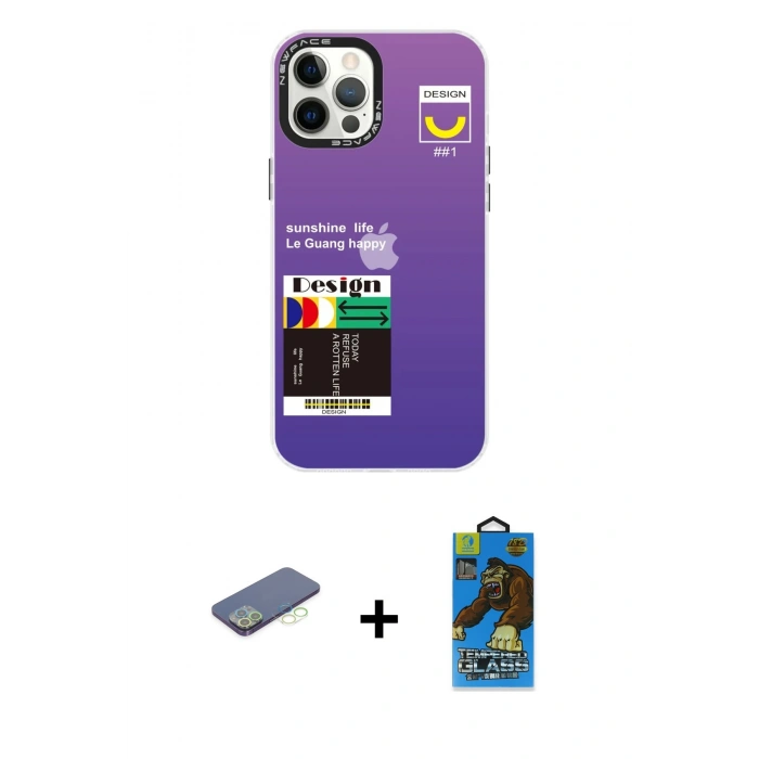 MARSİLYAN™- iPhone 12 Pro Max Kılıf Siluet Çizgi Koleksiyonu - Siyah 18D Cam Ekran Koruyucu + Yeşil Renkli Kamera Lens Koruma Cam