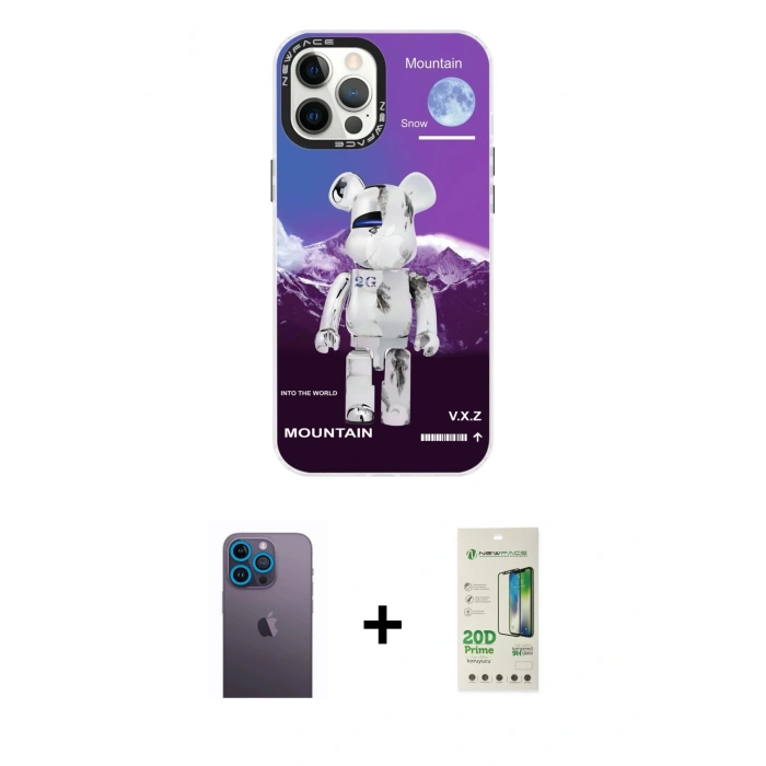 MARSİLYAN™- iPhone 12 Pro Max Kılıf Siluet Çizgi Koleksiyonu - Siyah 20D Premium Cam Ekran Koruyucu + Neon Fosforlu Kamera Lens - MI