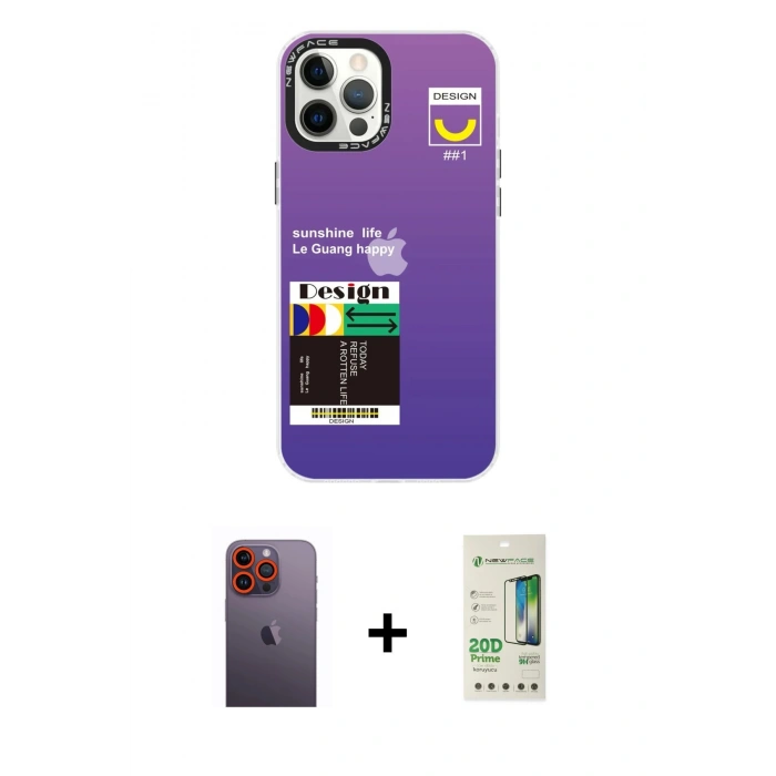 MARSİLYAN™- iPhone 12 Pro Max Kılıf Siluet Çizgi Koleksiyonu - Siyah 20D Premium Cam Ekran Koruyucu + Neon Fosforlu Kamera Lens - TU
