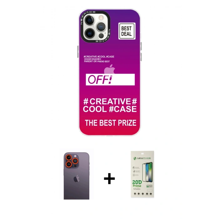 MARSİLYAN™- iPhone 12 Pro Max Kılıf Siluet Çizgi Koleksiyonu - Siyah 20D Premium Cam Ekran Koruyucu + Neon Fosforlu Kamera Lens - TU