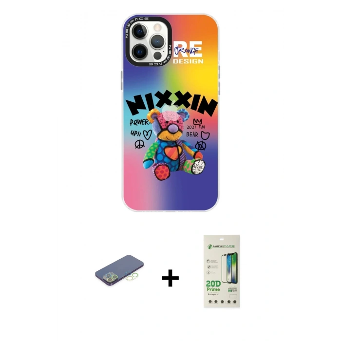MARSİLYAN™- iPhone 12 Pro Max Kılıf Siluet Çizgi Koleksiyonu - Siyah 20D Premium Cam Ekran Koruyucu + Renkli Kamera Lens Koruma Cam - YL