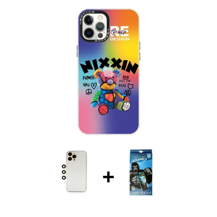 MARSİLYAN™- iPhone 12 Pro Max Kılıf Siluet Çizgi Koleksiyonu - Siyah 34D Izgaralı Cam + Shine Kamera Lens - GD
