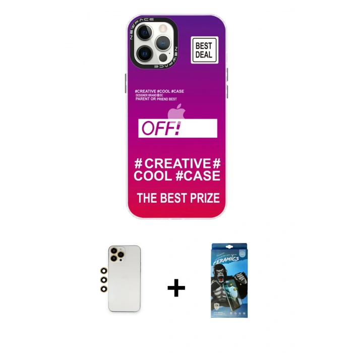 MARSİLYAN™- iPhone 12 Pro Max Kılıf Siluet Çizgi Koleksiyonu - Siyah 34D Izgaralı Cam + Shine Kamera Lens - GD