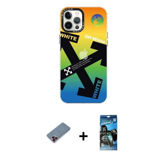 MARSİLYAN™- iPhone 12 Pro Max Kılıf Siluet Çizgi Koleksiyonu - Siyah 34D Izgaralı Cam + Metal Kamera Lens Koruma Cam - KI