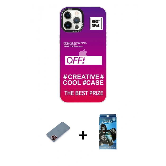 MARSİLYAN™- iPhone 12 Pro Max Kılıf Siluet Çizgi Koleksiyonu - Siyah 34D Izgaralı Cam + Metal Kamera Lens Koruma Cam - KI