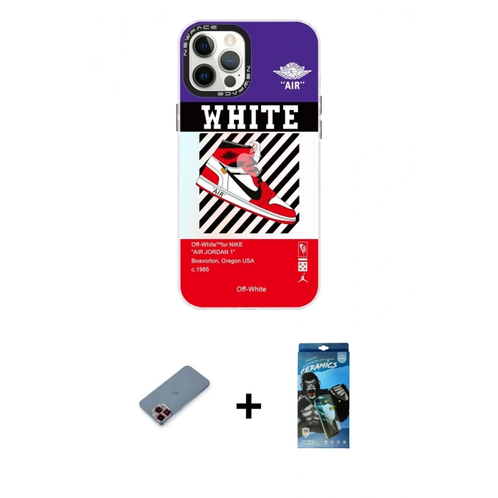 MARSİLYAN™- iPhone 12 Pro Max Kılıf Siluet Çizgi Koleksiyonu - Siyah 34D Izgaralı Cam + Metal Kamera Lens Koruma Cam - KI