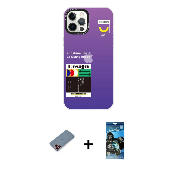 MARSİLYAN™- iPhone 12 Pro Max Kılıf Siluet Çizgi Koleksiyonu - Siyah 34D Izgaralı Cam + Metal Kamera Lens Koruma Cam - KI