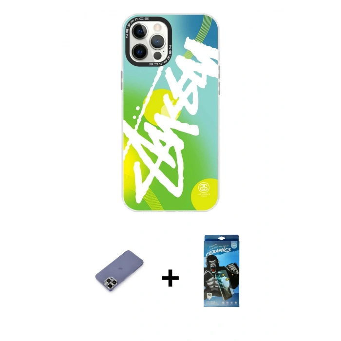MARSİLYAN™- iPhone 12 Pro Max Kılıf Siluet Çizgi Koleksiyonu - Siyah 34D Izgaralı Cam + Metal Kamera Lens Koruma Cam - GD