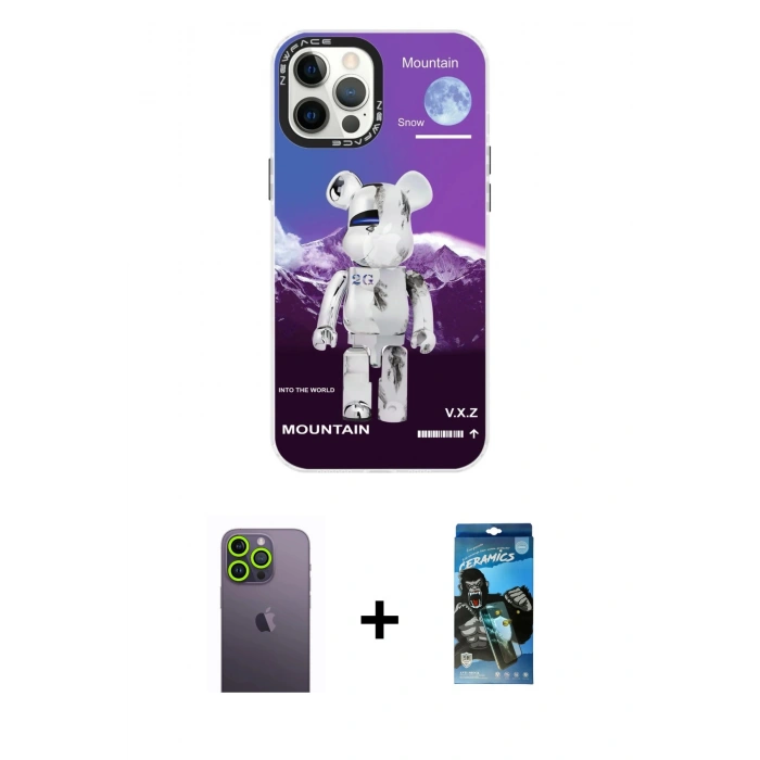 MARSİLYAN™- iPhone 12 Pro Max Kılıf Siluet Çizgi Koleksiyonu - Siyah 34D Izgaralı Cam + Neon Fosforlu Kamera Lens - YL