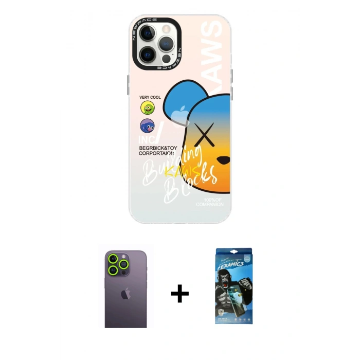 MARSİLYAN™- iPhone 12 Pro Max Kılıf Siluet Çizgi Koleksiyonu - Siyah 34D Izgaralı Cam + Neon Fosforlu Kamera Lens - YL