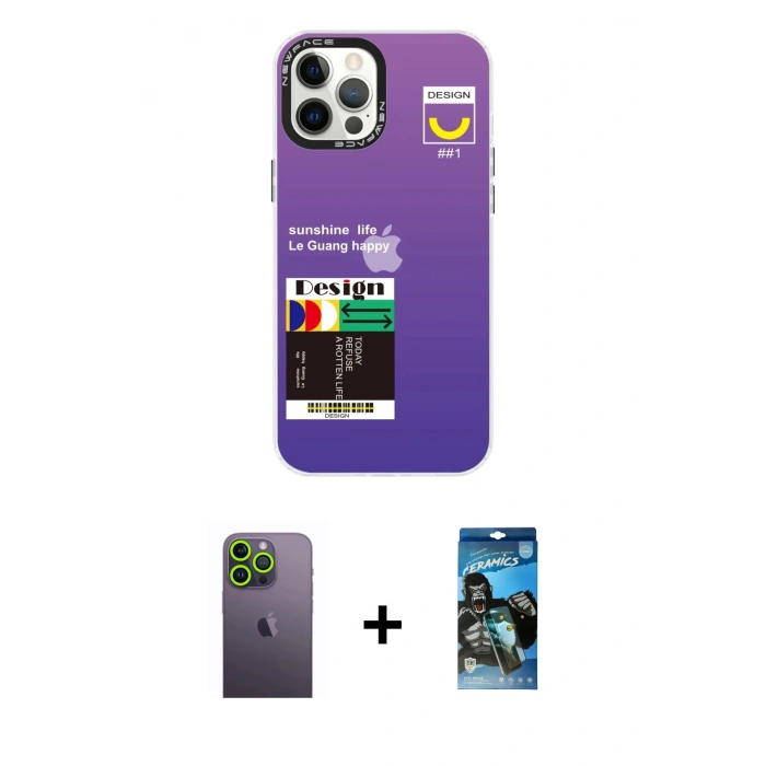 MARSİLYAN™- iPhone 12 Pro Max Kılıf Siluet Çizgi Koleksiyonu - Siyah 34D Izgaralı Cam + Neon Fosforlu Kamera Lens - YL