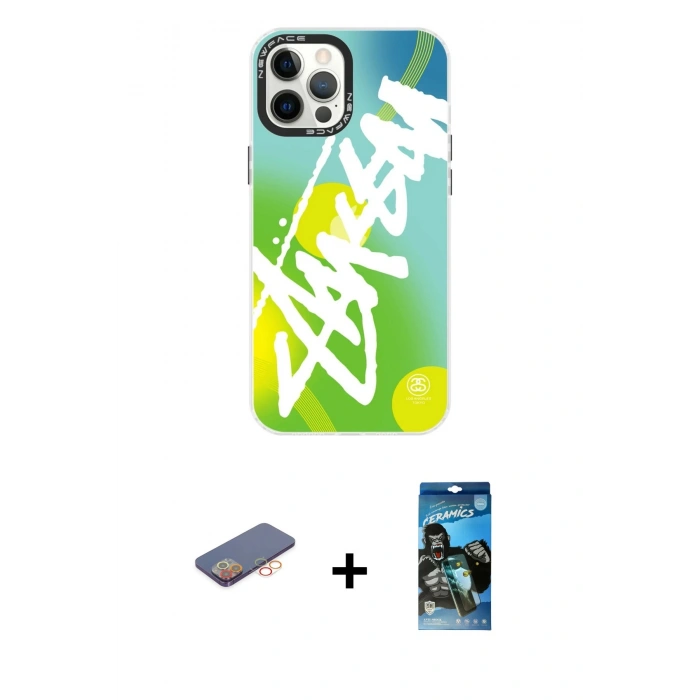 MARSİLYAN™- iPhone 12 Pro Max Kılıf Siluet Çizgi Koleksiyonu - Siyah 34D Izgaralı Cam + Renkli Kamera Lens Koruma Cam - TU