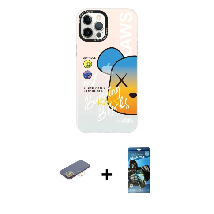 MARSİLYAN™- iPhone 12 Pro Max Kılıf Siluet Çizgi Koleksiyonu - Siyah 34D Izgaralı Cam + Sarı Renkli Kamera Lens Koruma Cam