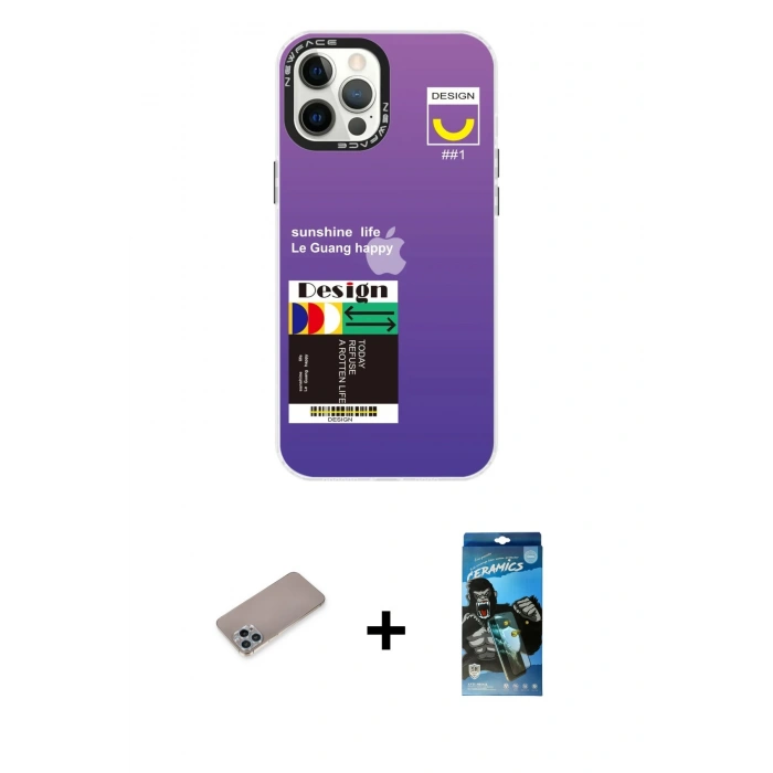 MARSİLYAN™- iPhone 12 Pro Max Kılıf Siluet Çizgi Koleksiyonu - Siyah 34D Izgaralı Cam + Shine Kamera Lens Koruma Cam - SABE