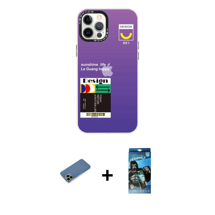 MARSİLYAN™- iPhone 12 Pro Max Kılıf Siluet Çizgi Koleksiyonu - Siyah 34D Izgaralı Cam + Shine Kamera Lens Koruma Cam - GD