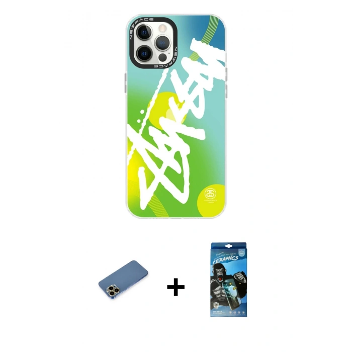 MARSİLYAN™- iPhone 12 Pro Max Kılıf Siluet Çizgi Koleksiyonu - Siyah 34D Izgaralı Cam + Shine Kamera Lens Koruma Cam - GD