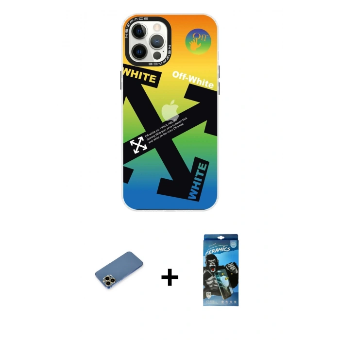 MARSİLYAN™- iPhone 12 Pro Max Kılıf Siluet Çizgi Koleksiyonu - Siyah 34D Izgaralı Cam + Shine Kamera Lens Koruma Cam - GD
