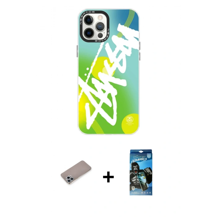 MARSİLYAN™- iPhone 12 Pro Max Kılıf Siluet Çizgi Koleksiyonu - Siyah 34D Izgaralı Cam + Shine Kamera Lens Koruma Cam - SABE
