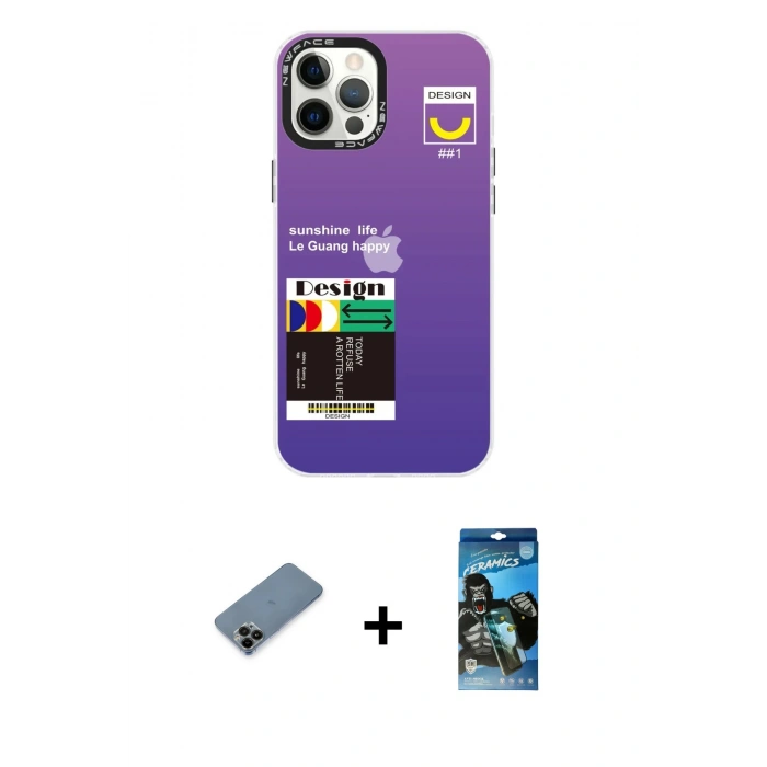 MARSİLYAN™- iPhone 12 Pro Max Kılıf Siluet Çizgi Koleksiyonu - Siyah 34D Izgaralı Cam + Shine Kamera Lens Koruma Cam - SH