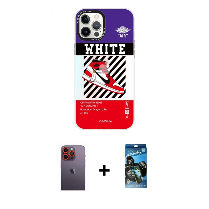MARSİLYAN™- iPhone 12 Pro Max Kılıf Siluet Çizgi Koleksiyonu - Siyah 34D Izgaralı Cam + Turuncu Neon Fosforlu Kamera Lens