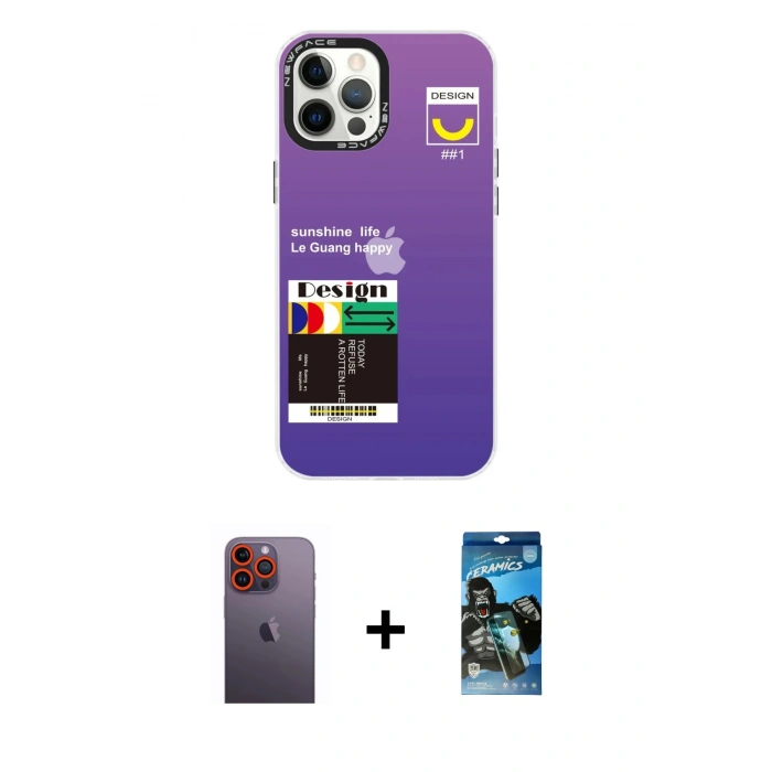 MARSİLYAN™- iPhone 12 Pro Max Kılıf Siluet Çizgi Koleksiyonu - Siyah 34D Izgaralı Cam + Turuncu Neon Fosforlu Kamera Lens
