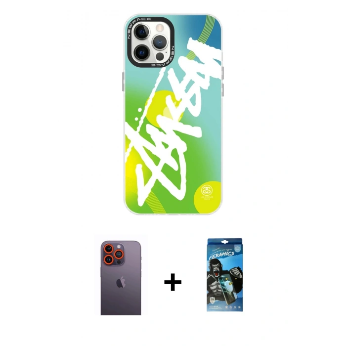 MARSİLYAN™- iPhone 12 Pro Max Kılıf Siluet Çizgi Koleksiyonu - Siyah 34D Izgaralı Cam + Turuncu Neon Fosforlu Kamera Lens