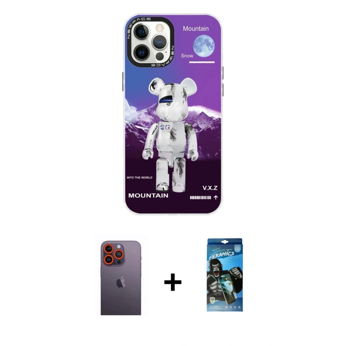 MARSİLYAN™- iPhone 12 Pro Max Kılıf Siluet Çizgi Koleksiyonu - Siyah 34D Izgaralı Cam + Turuncu Neon Fosforlu Kamera Lens