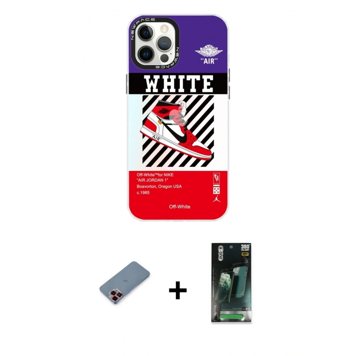 MARSİLYAN™- iPhone 12 Pro Max Kılıf Siluet Çizgi Koleksiyonu - Siyah 360 Mat Full Body Arka Koruyucu + Kırmızı Metal Kamera Lens Koruma Cam