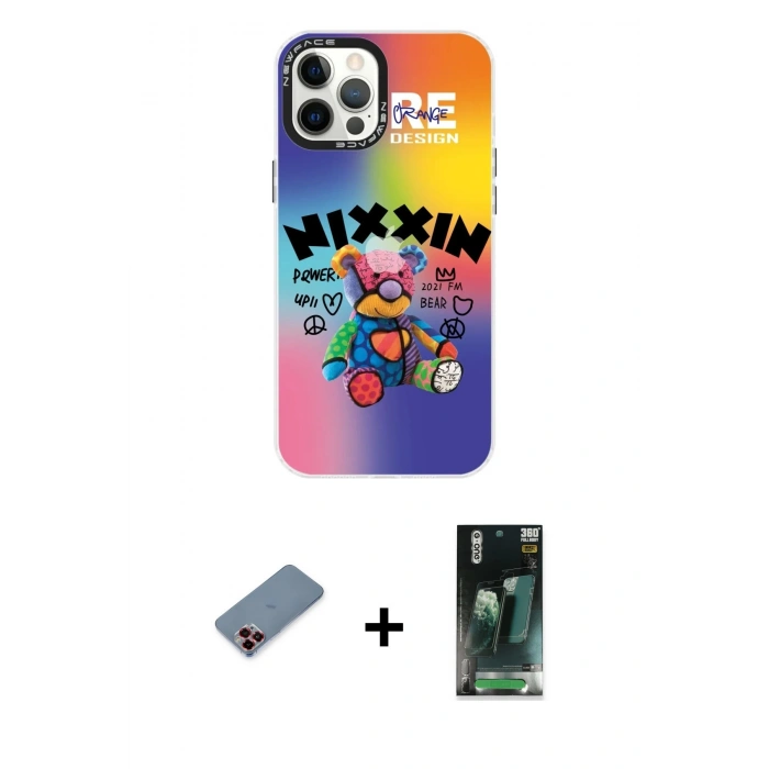 MARSİLYAN™- iPhone 12 Pro Max Kılıf Siluet Çizgi Koleksiyonu - Siyah 360 Mat Full Body Arka Koruyucu + Kırmızı Metal Kamera Lens Koruma Cam