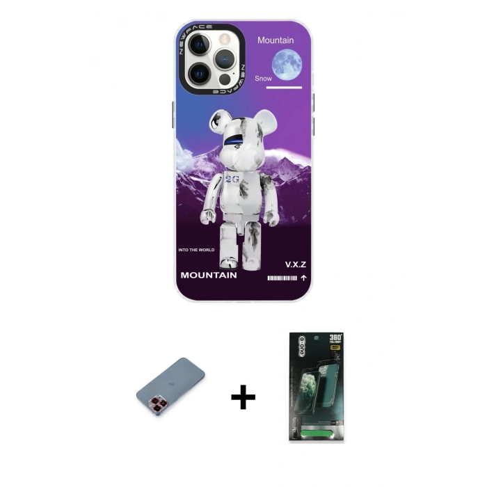 MARSİLYAN™- iPhone 12 Pro Max Kılıf Siluet Çizgi Koleksiyonu - Siyah 360 Mat Full Body Arka Koruyucu + Kırmızı Metal Kamera Lens Koruma Cam