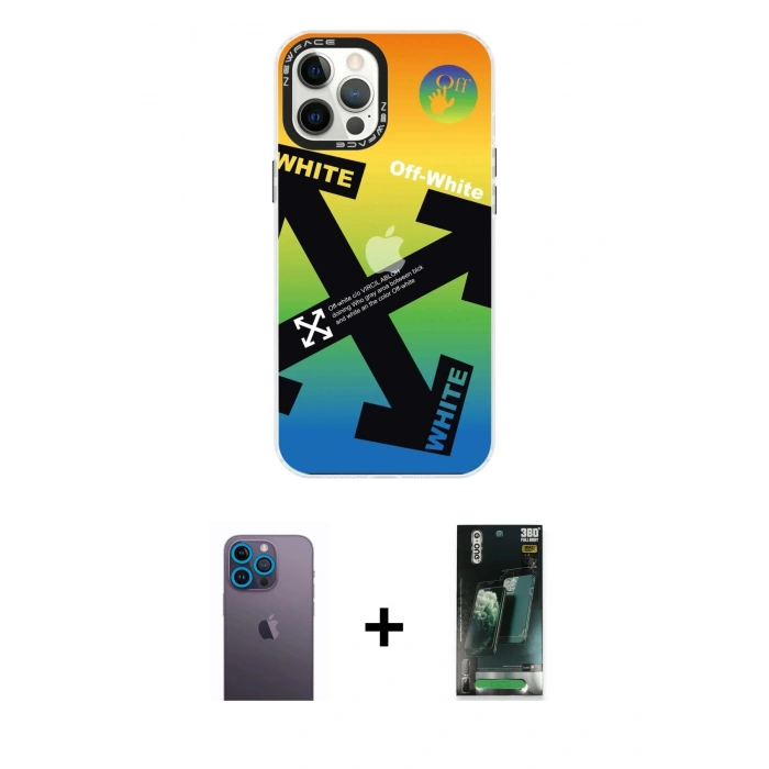 MARSİLYAN™- iPhone 12 Pro Max Kılıf Siluet Çizgi Koleksiyonu - Siyah 360 Mat Full Body Arka Koruyucu + Neon Fosforlu Kamera Lens - MI