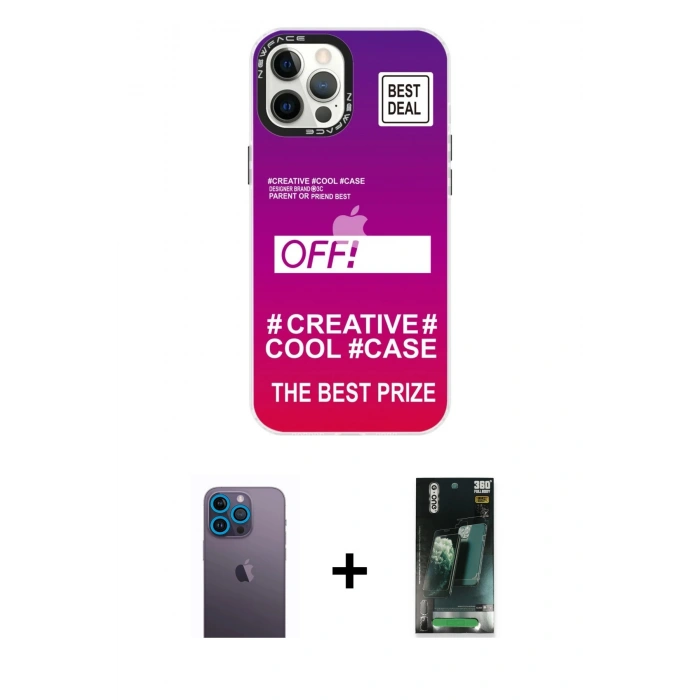 MARSİLYAN™- iPhone 12 Pro Max Kılıf Siluet Çizgi Koleksiyonu - Siyah 360 Mat Full Body Arka Koruyucu + Neon Fosforlu Kamera Lens - MI