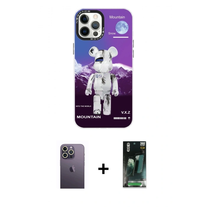 MARSİLYAN™- iPhone 12 Pro Max Kılıf Siluet Çizgi Koleksiyonu - Siyah 360 Mat Full Body Arka Koruyucu + Neon Fosforlu Kamera Lens - BZ