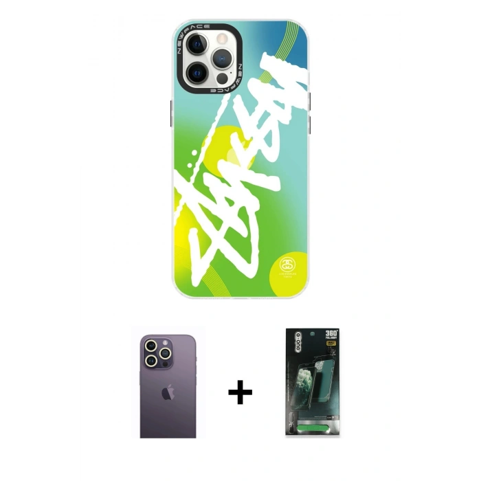 MARSİLYAN™- iPhone 12 Pro Max Kılıf Siluet Çizgi Koleksiyonu - Siyah 360 Mat Full Body Arka Koruyucu + Neon Fosforlu Kamera Lens - BZ