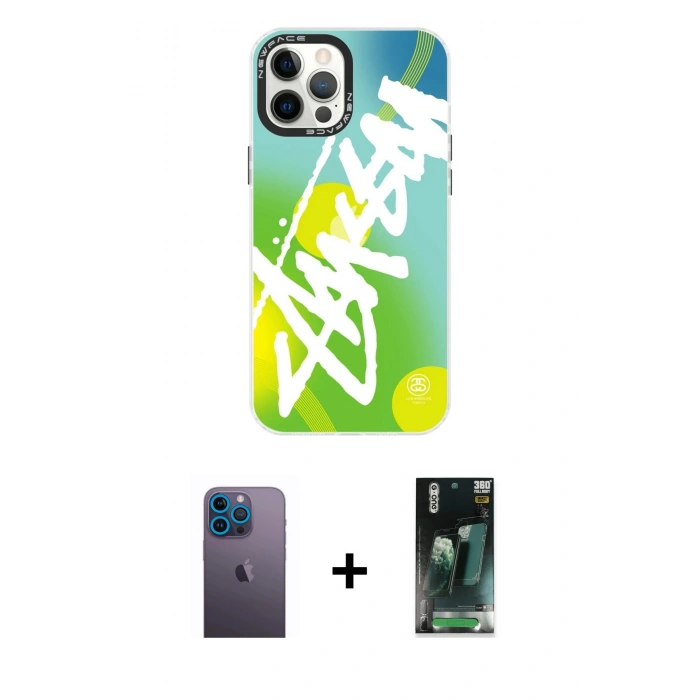 MARSİLYAN™- iPhone 12 Pro Max Kılıf Siluet Çizgi Koleksiyonu - Siyah 360 Mat Full Body Arka Koruyucu + Neon Fosforlu Kamera Lens - MI