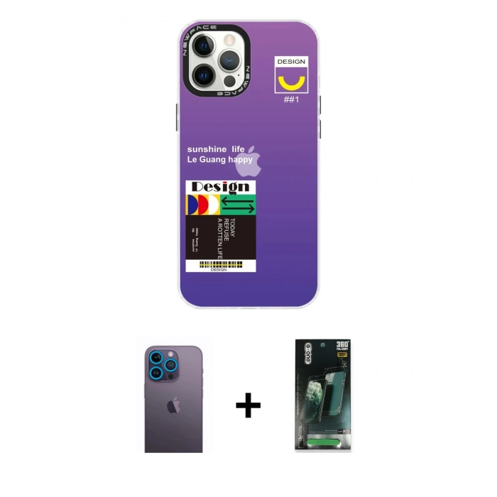 MARSİLYAN™- iPhone 12 Pro Max Kılıf Siluet Çizgi Koleksiyonu - Siyah 360 Mat Full Body Arka Koruyucu + Neon Fosforlu Kamera Lens - MI