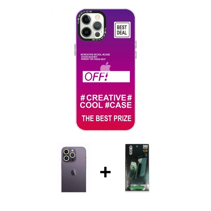 MARSİLYAN™- iPhone 12 Pro Max Kılıf Siluet Çizgi Koleksiyonu - Siyah 360 Mat Full Body Arka Koruyucu + Neon Fosforlu Kamera Lens - BZ