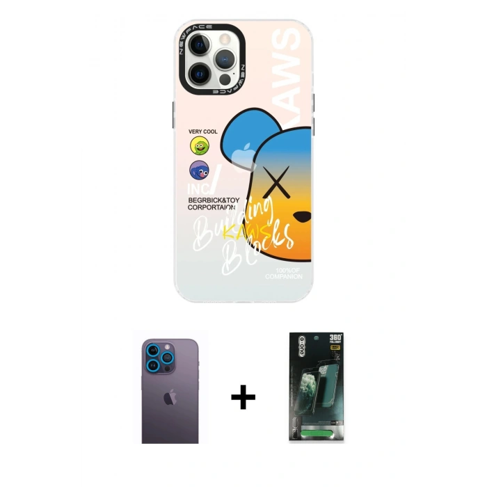 MARSİLYAN™- iPhone 12 Pro Max Kılıf Siluet Çizgi Koleksiyonu - Siyah 360 Mat Full Body Arka Koruyucu + Neon Fosforlu Kamera Lens - MI