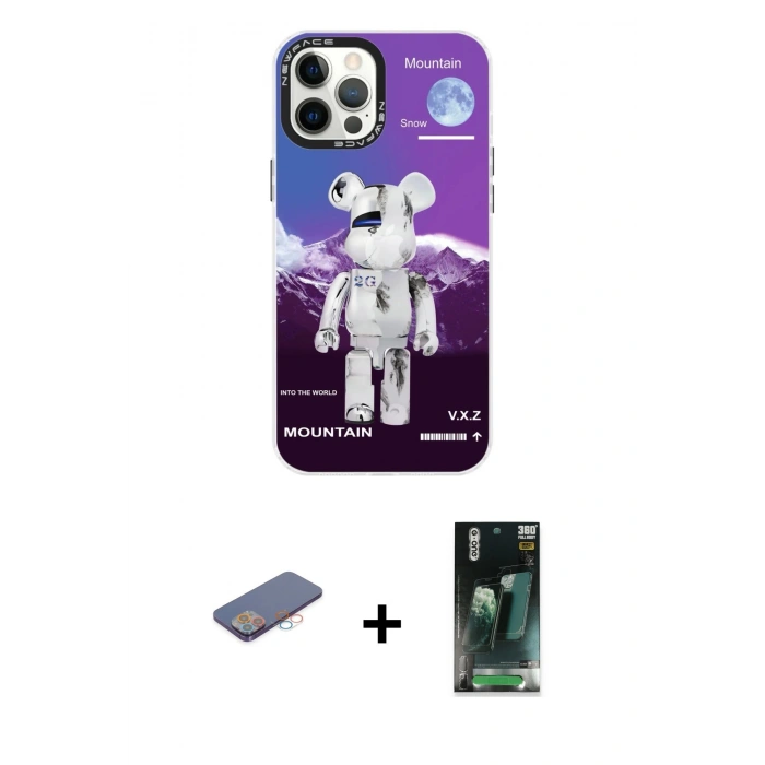 MARSİLYAN™- iPhone 12 Pro Max Kılıf Siluet Çizgi Koleksiyonu - Siyah 360 Mat Full Body Arka Koruyucu + Renkli Kamera Lens Koruma Cam - PE