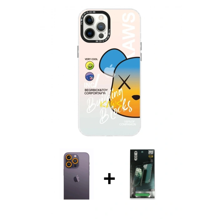 MARSİLYAN™- iPhone 12 Pro Max Kılıf Siluet Çizgi Koleksiyonu - Siyah 360 Mat Full Body Arka Koruyucu + Neon Fosforlu Kamera Lens - SI